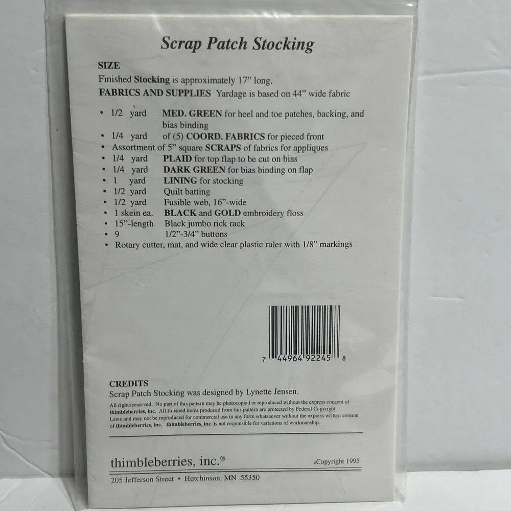 Scrap Patch Stocking Thimbleberries LJ92245 NEW Vintage Sewing Pattern Christmas